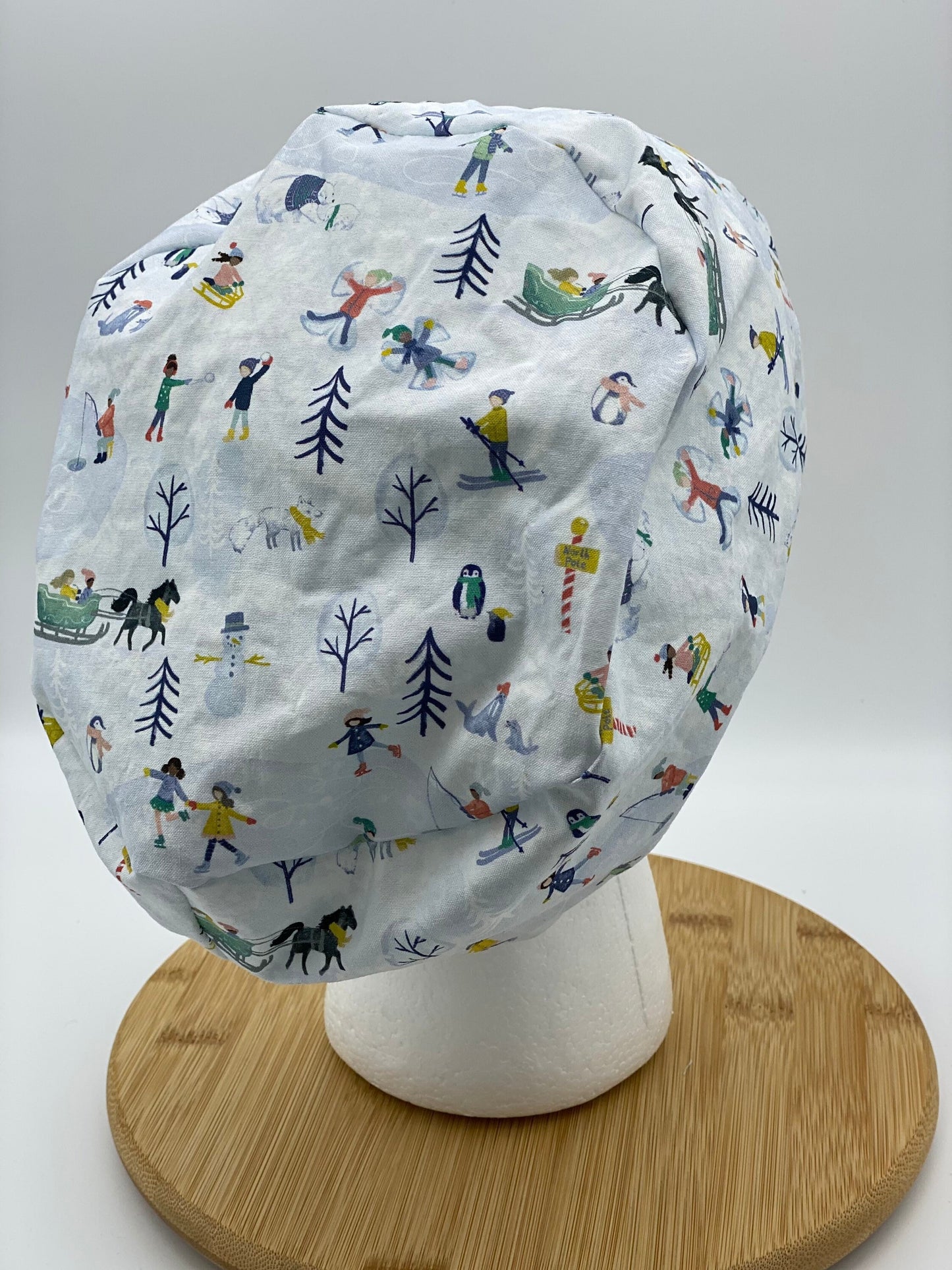 Winter scrub cap, winter scene scrub hat euro, snow scrub cap euro style, Bonnet Head Designs