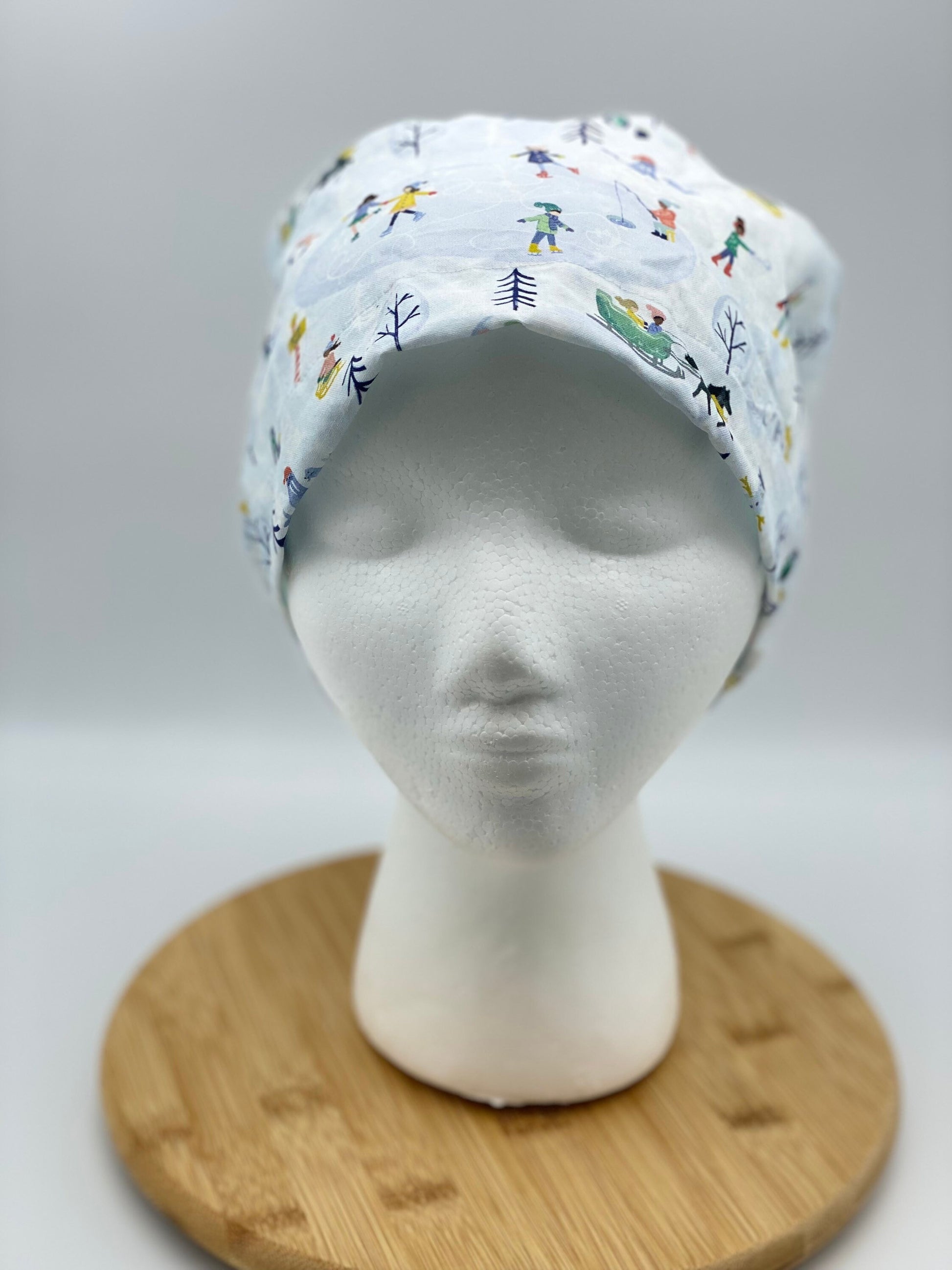 Winter scrub cap, winter scene scrub hat euro, snow scrub cap euro style, Bonnet Head Designs