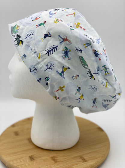 Winter scrub cap, winter scene scrub hat euro, snow scrub cap euro style, Bonnet Head Designs