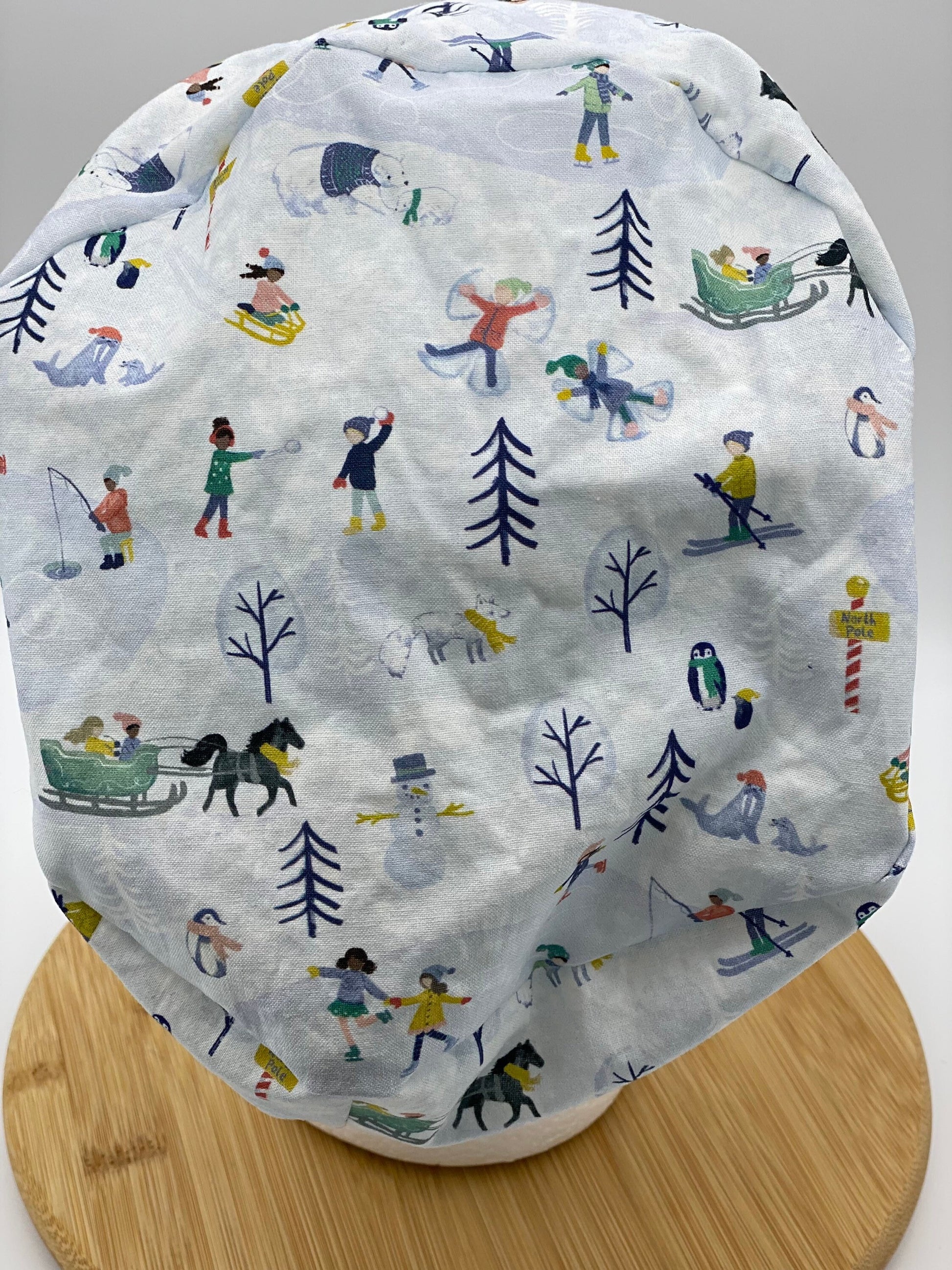 Winter scrub cap, winter scene scrub hat euro, snow scrub cap euro style, Bonnet Head Designs