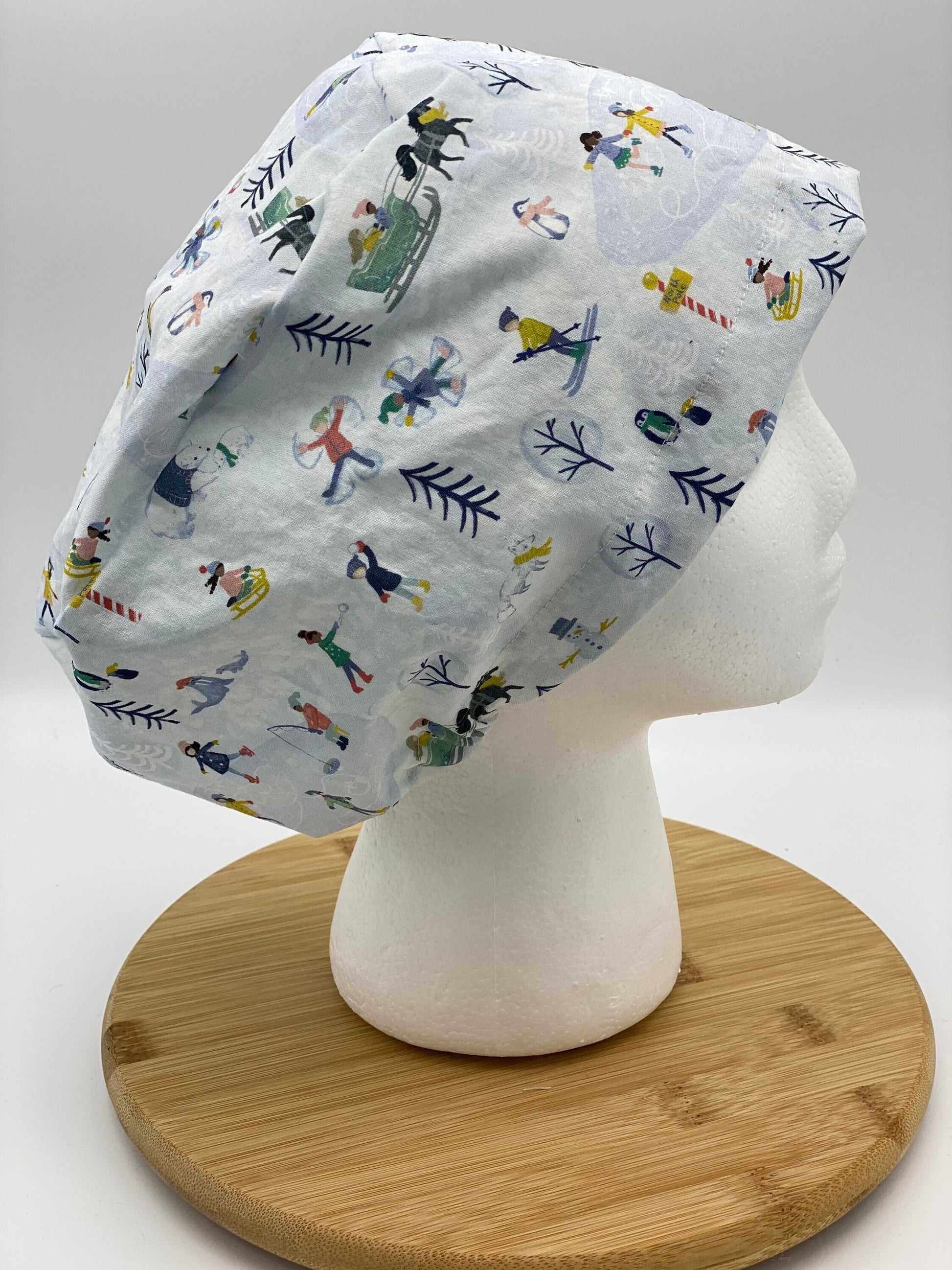 Winter scrub cap, winter scene scrub hat euro, snow scrub cap euro style, Bonnet Head Designs