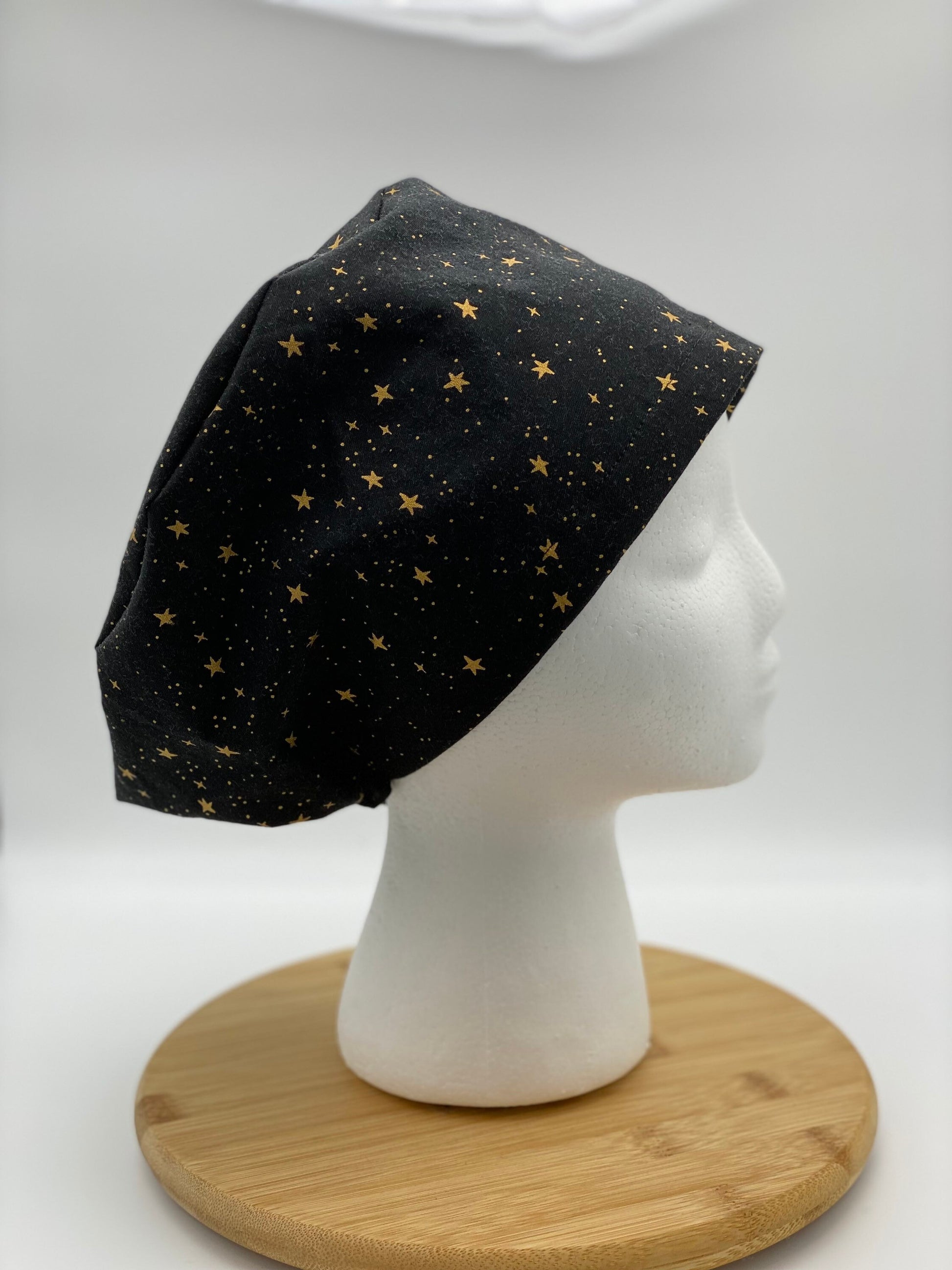 Primavera Black and gold stars euro style scrub cap, euro scrub cap stars, euro cap black stars, Bonnet Head Designs