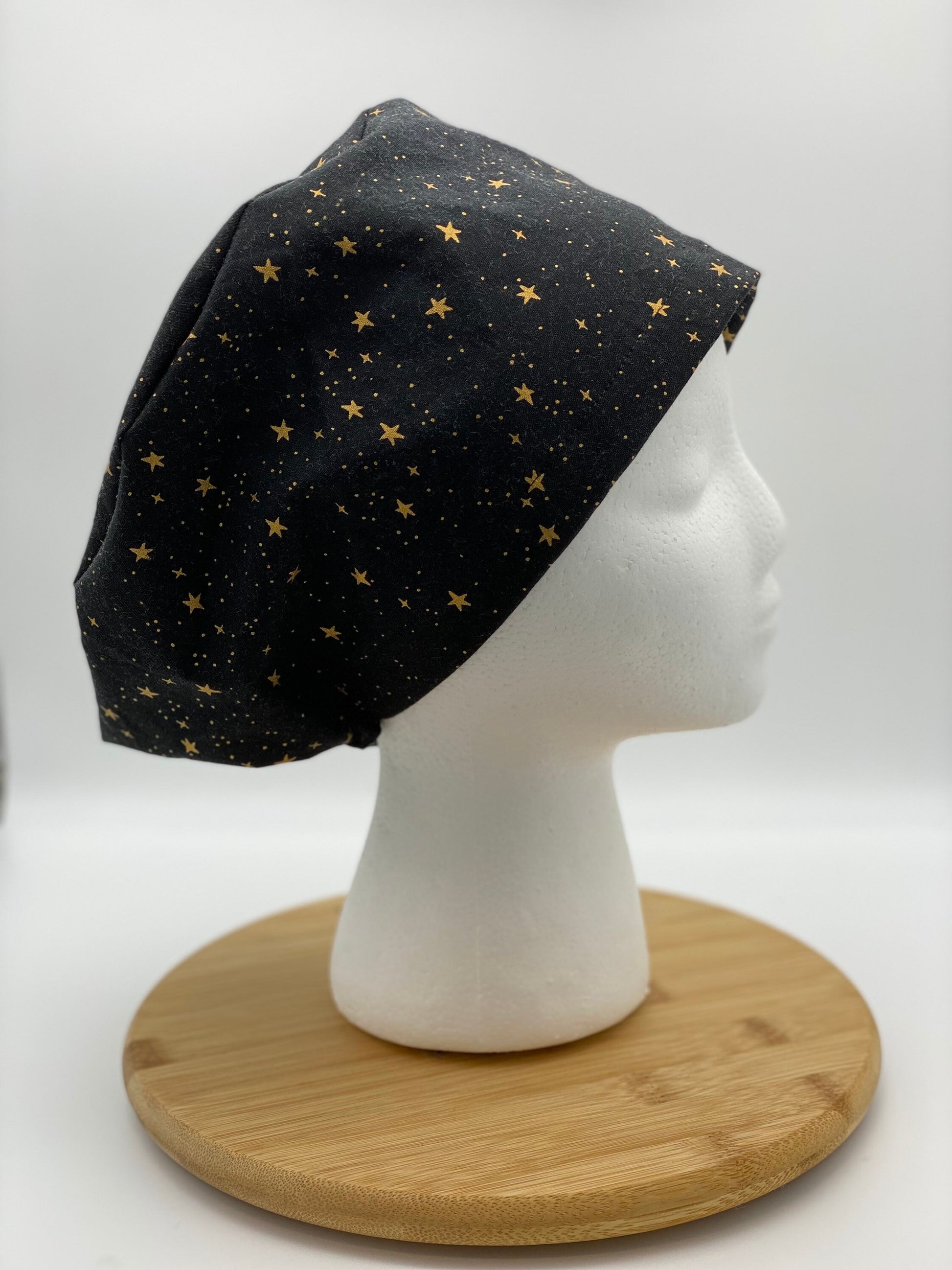 Primavera Black and gold stars euro style scrub cap, euro scrub cap stars, euro cap black stars, Bonnet Head Designs