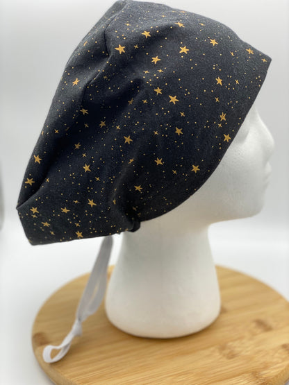 Primavera Black and gold stars euro style scrub cap, euro scrub cap stars, euro cap black stars, Bonnet Head Designs