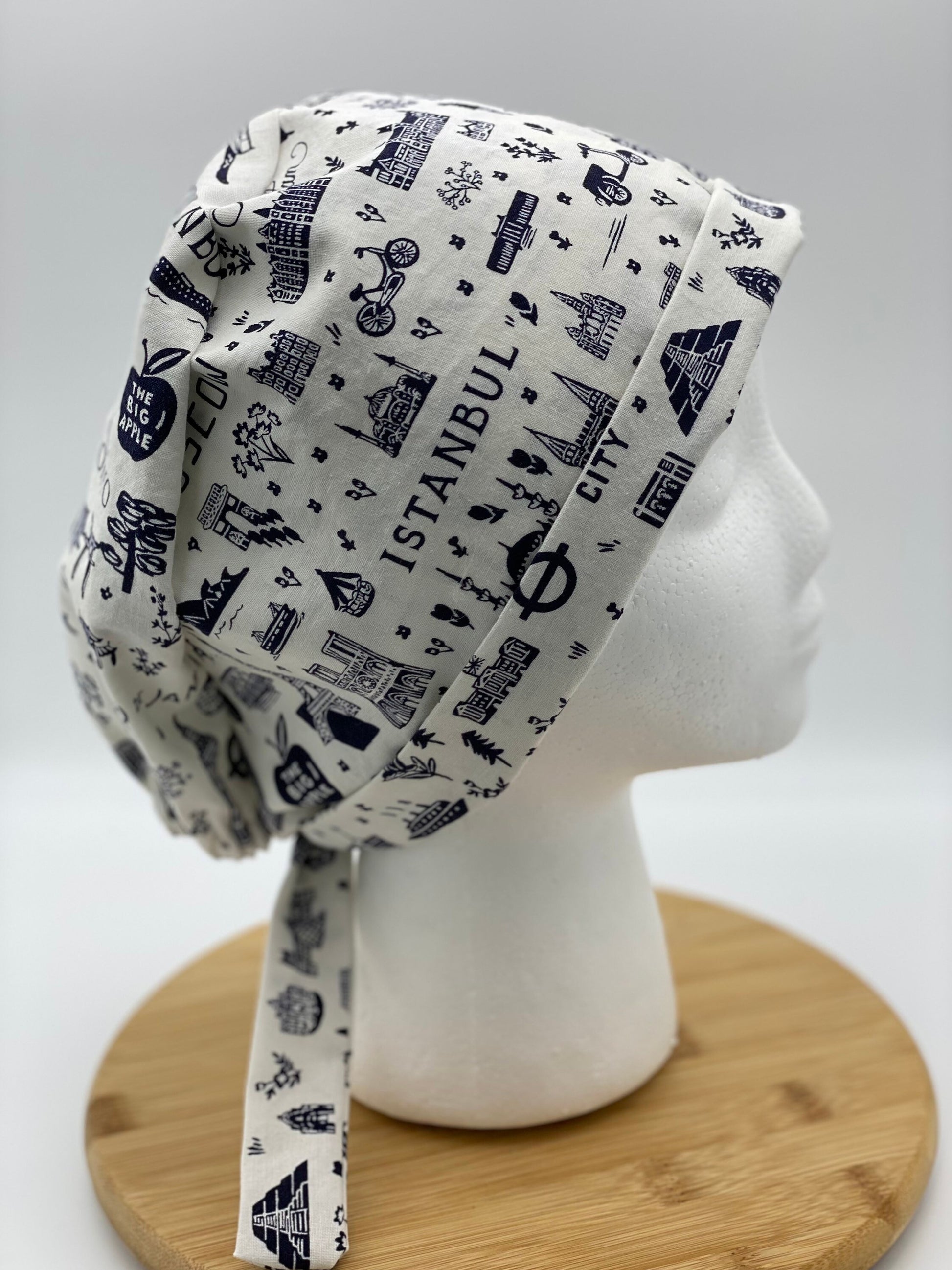 Tie back Rifle Paper co Bon Voyage fabric scrub cap, navy and white world traveler scrub cap, scrub hat tie back travel, Bonnet Head Design