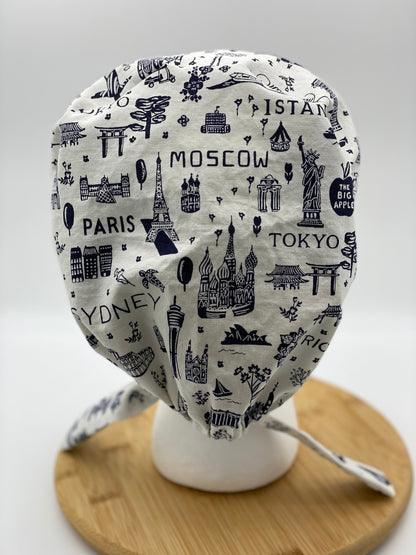 Tie back Rifle Paper co Bon Voyage fabric scrub cap, navy and white world traveler scrub cap, scrub hat tie back travel, Bonnet Head Design