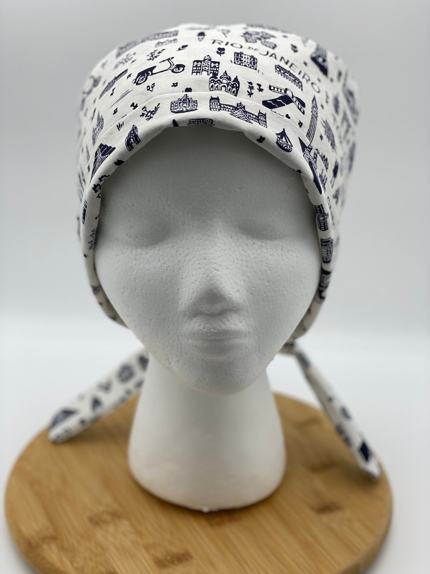 Tie back Rifle Paper co Bon Voyage fabric scrub cap, navy and white world traveler scrub cap, scrub hat tie back travel, Bonnet Head Design