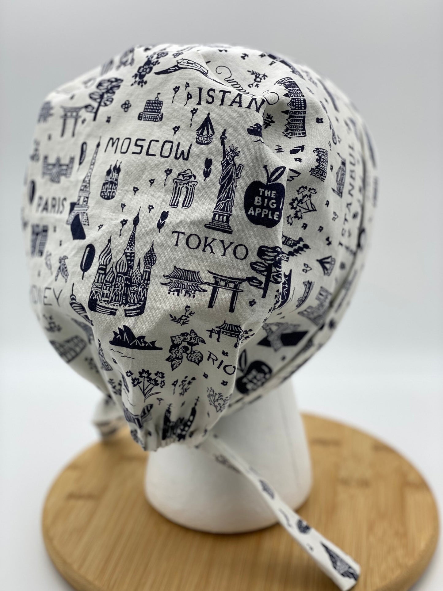 Tie back Rifle Paper co Bon Voyage fabric scrub cap, navy and white world traveler scrub cap, scrub hat tie back travel, Bonnet Head Design