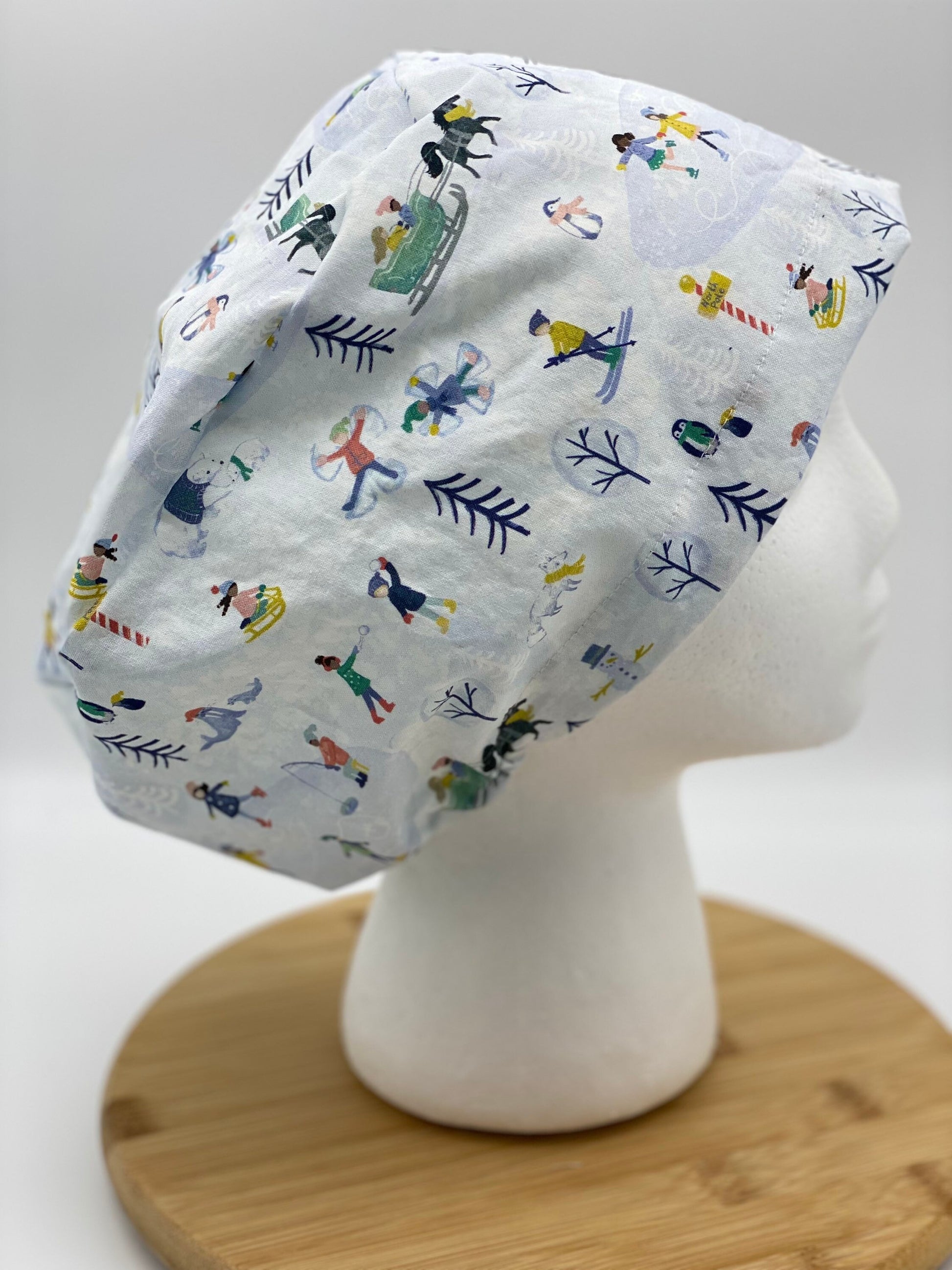 Winter scrub cap, winter scene scrub hat euro, snow scrub cap euro style, Bonnet Head Designs