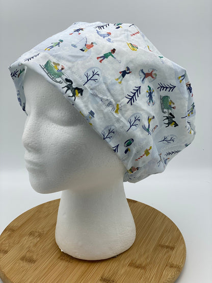 Winter scrub cap, winter scene scrub hat euro, snow scrub cap euro style, Bonnet Head Designs