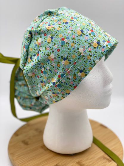 Mint green floral scrub cap, floral scrub cap green, ponytail scrub cap satin lining option, Bonnet Head Designs