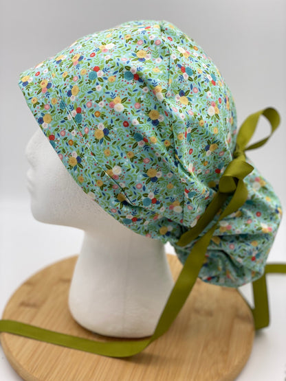 Mint green floral scrub cap, floral scrub cap green, ponytail scrub cap satin lining option, Bonnet Head Designs