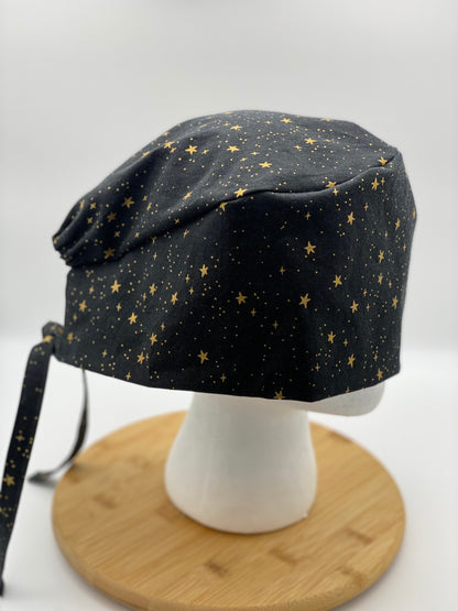 Men’s black primavera stars scrub cap, unisex scrub cap black stars, short hair scrub hat black and gold, Bonnet Head Designs