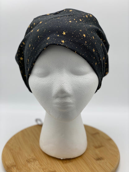 Primavera Black and gold stars euro style scrub cap, euro scrub cap stars, euro cap black stars, Bonnet Head Designs