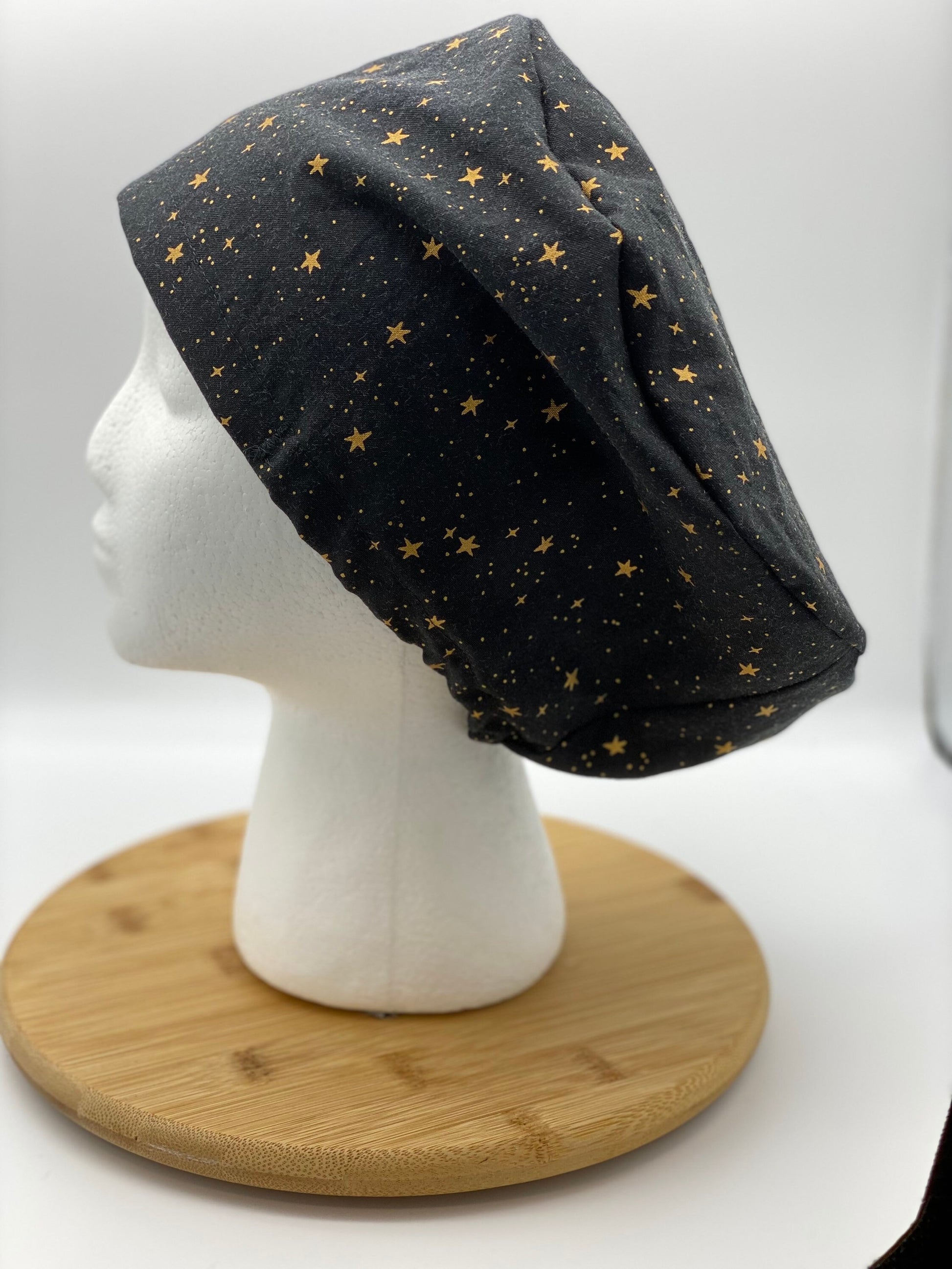 Primavera Black and gold stars euro style scrub cap, euro scrub cap stars, euro cap black stars, Bonnet Head Designs