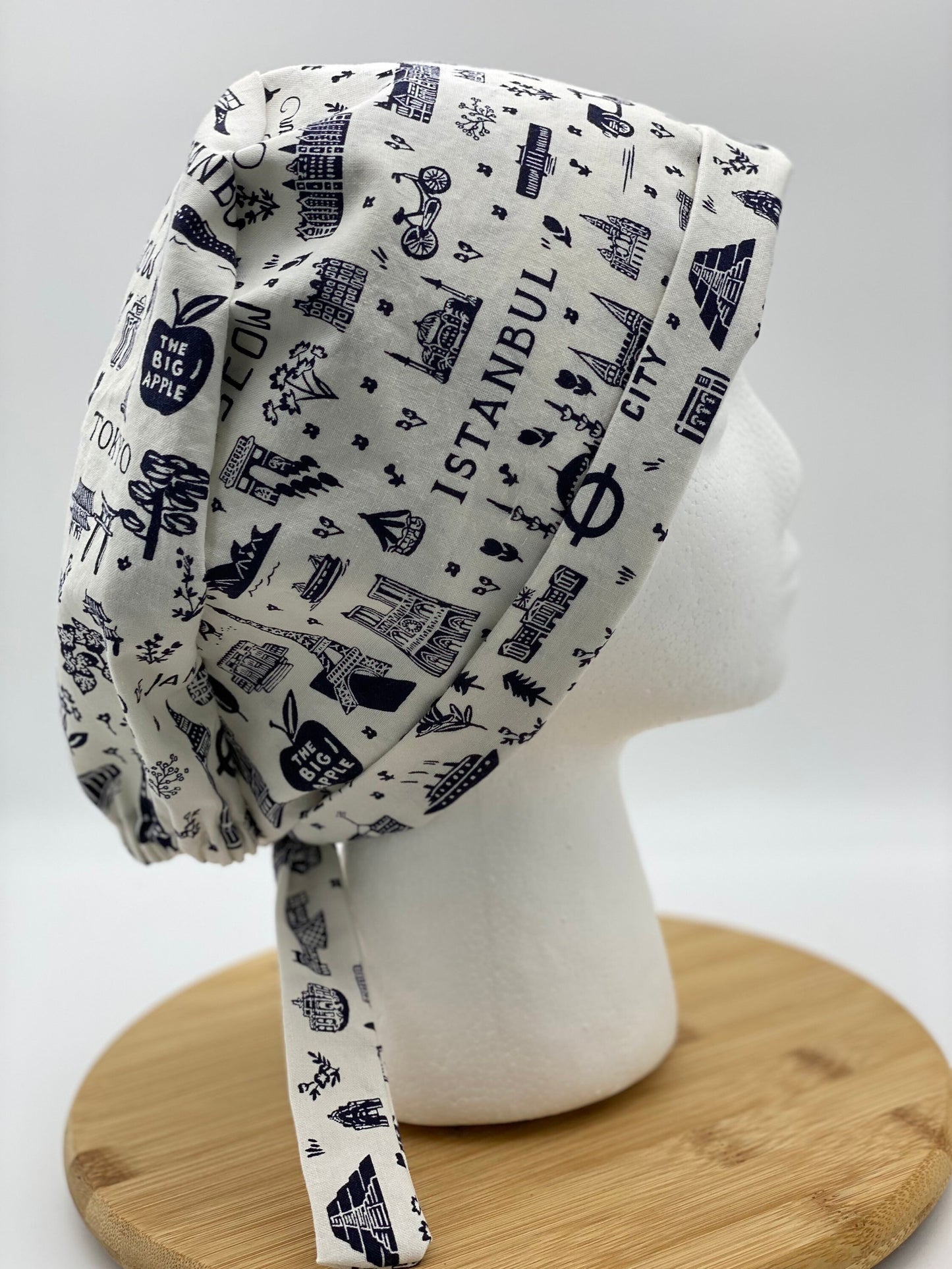 Tie back Rifle Paper co Bon Voyage fabric scrub cap, navy and white world traveler scrub cap, scrub hat tie back travel, Bonnet Head Design