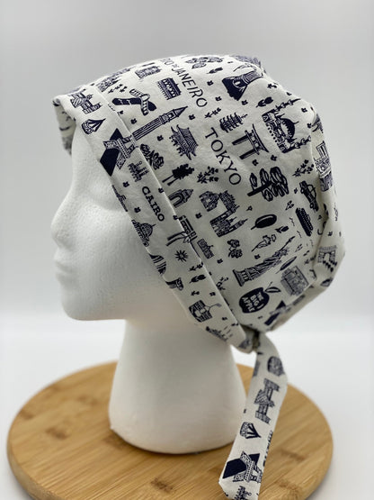 Tie back Rifle Paper co Bon Voyage fabric scrub cap, navy and white world traveler scrub cap, scrub hat tie back travel, Bonnet Head Design