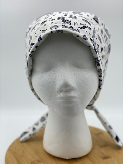 Tie back Rifle Paper co Bon Voyage fabric scrub cap, navy and white world traveler scrub cap, scrub hat tie back travel, Bonnet Head Design