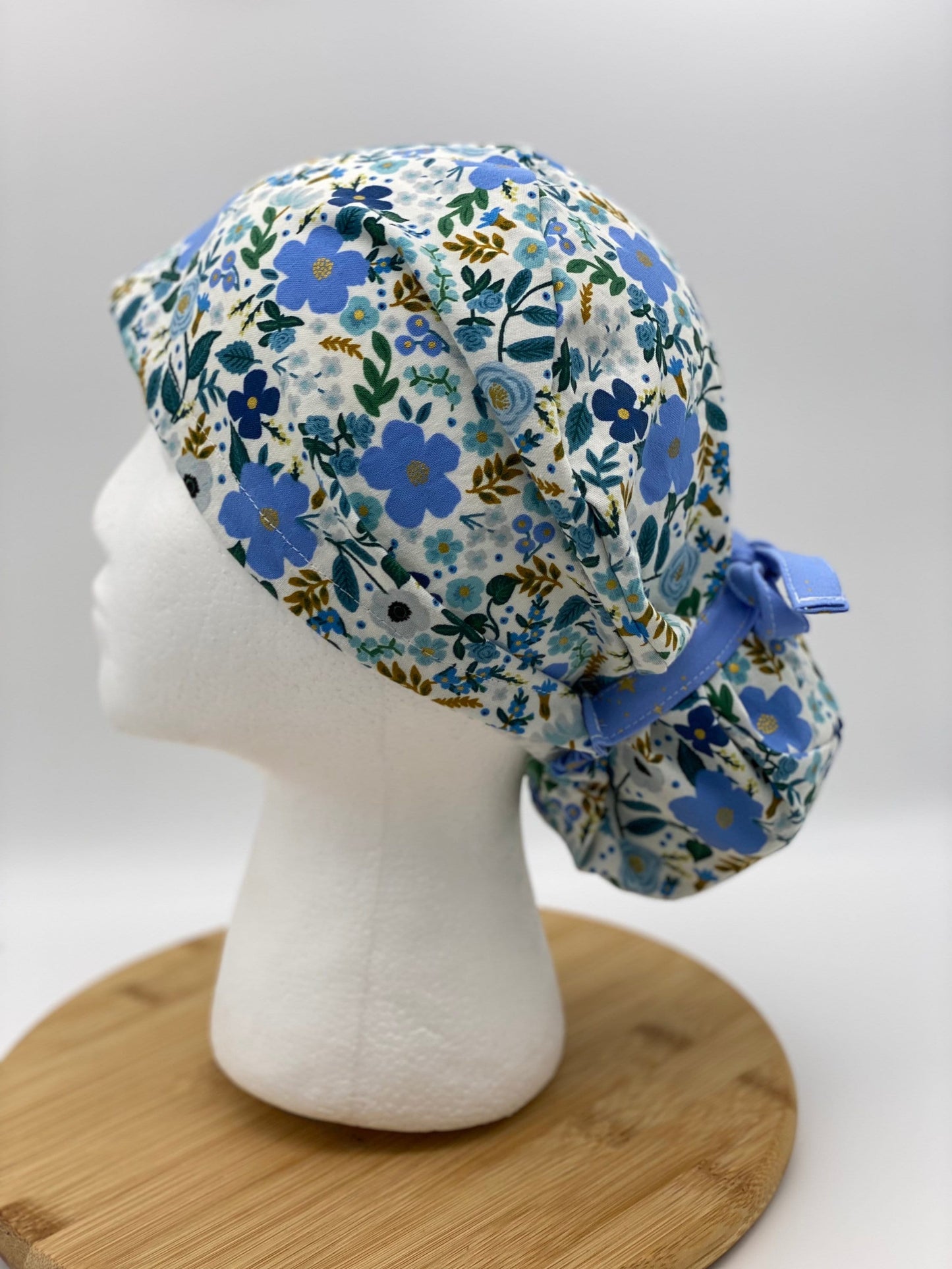 Euro cap with ties, blue wild rose euro scrub cap with ties, scrub hat ties blue floral, Bonnet Head Designs