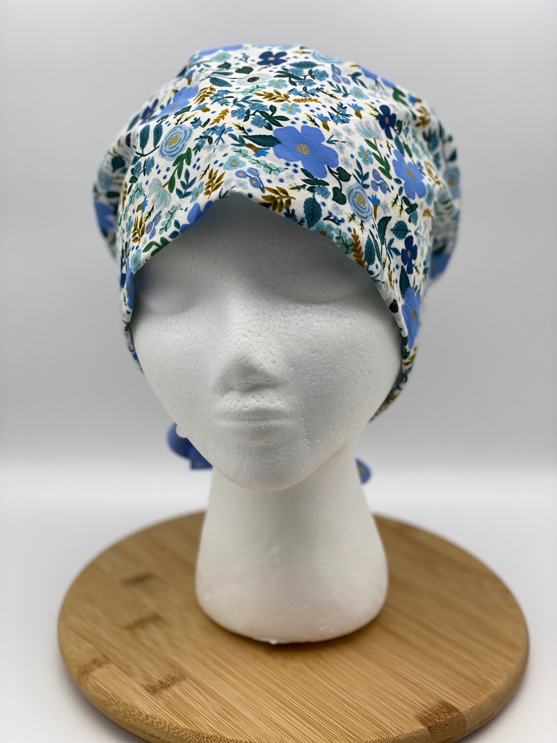 Euro cap with ties, blue wild rose euro scrub cap with ties, scrub hat ties blue floral, Bonnet Head Designs