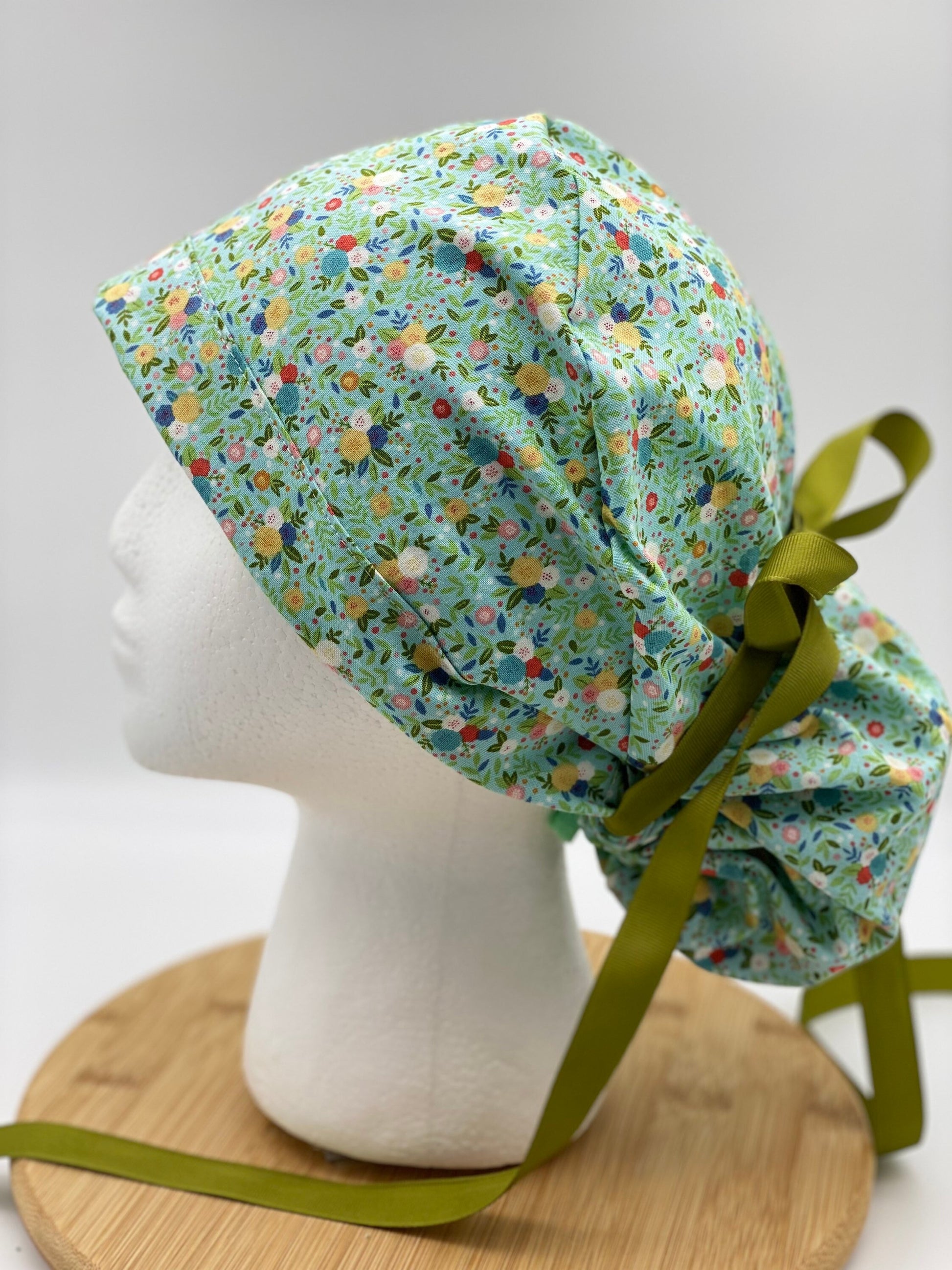 Mint green floral scrub cap, floral scrub cap green, ponytail scrub cap satin lining option, Bonnet Head Designs