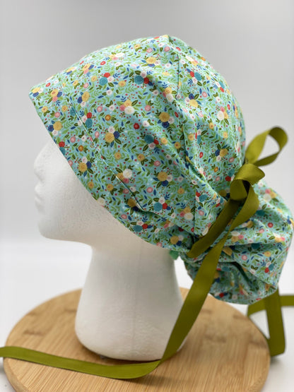 Mint green floral scrub cap, floral scrub cap green, ponytail scrub cap satin lining option, Bonnet Head Designs