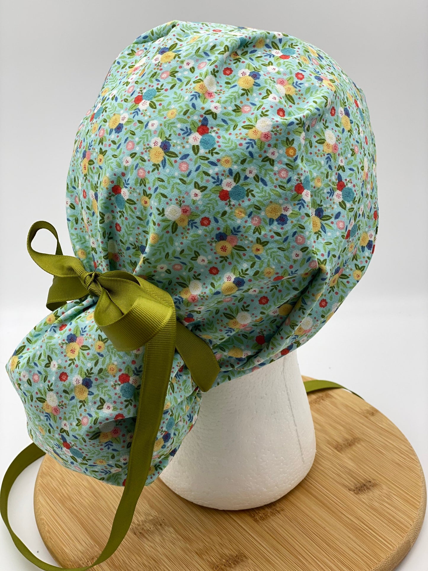 Mint green floral scrub cap, floral scrub cap green, ponytail scrub cap satin lining option, Bonnet Head Designs