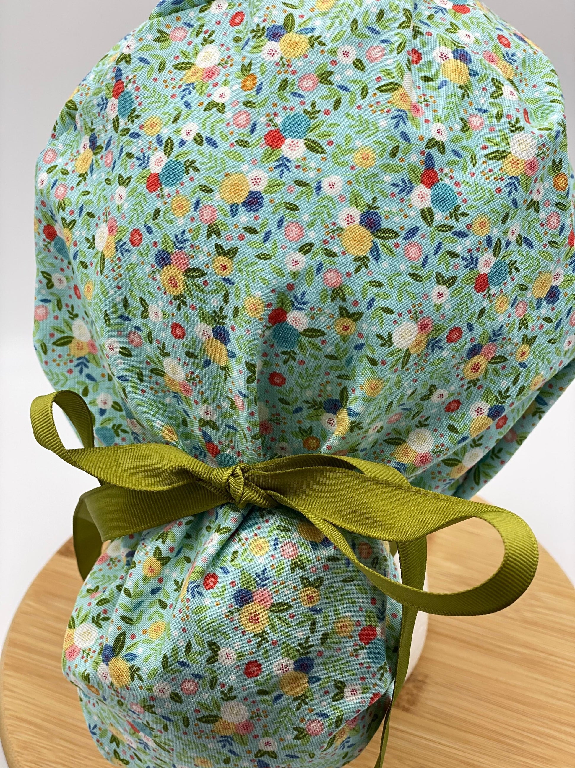 Mint green floral scrub cap, floral scrub cap green, ponytail scrub cap satin lining option, Bonnet Head Designs