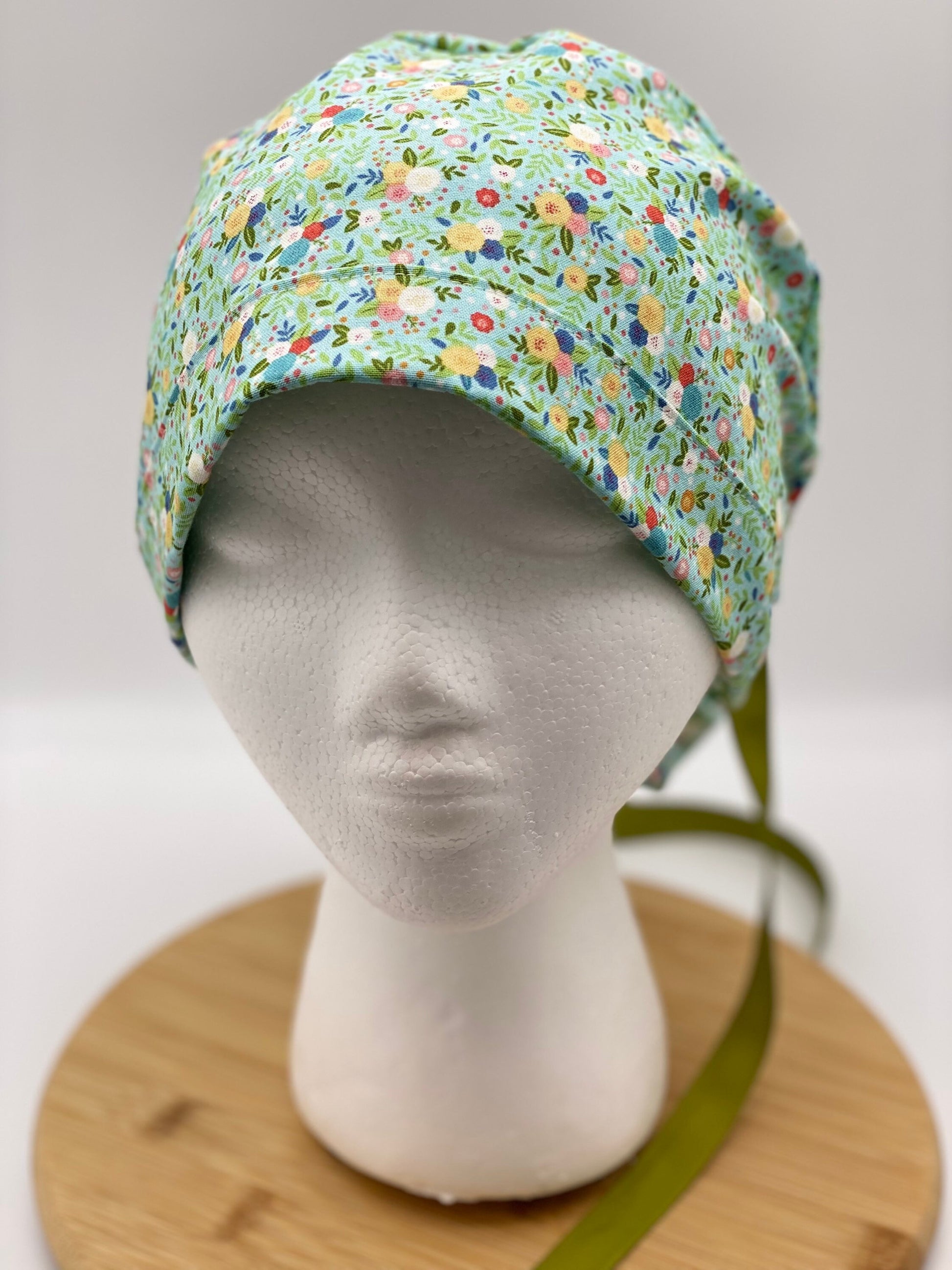 Mint green floral scrub cap, floral scrub cap green, ponytail scrub cap satin lining option, Bonnet Head Designs