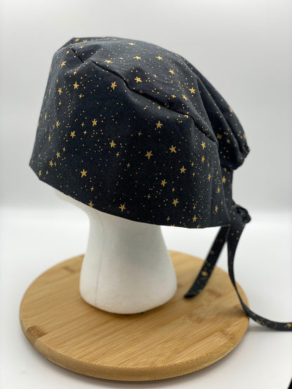 Men’s black primavera stars scrub cap, unisex scrub cap black stars, short hair scrub hat black and gold, Bonnet Head Designs