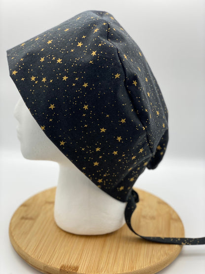 Men’s black primavera stars scrub cap, unisex scrub cap black stars, short hair scrub hat black and gold, Bonnet Head Designs