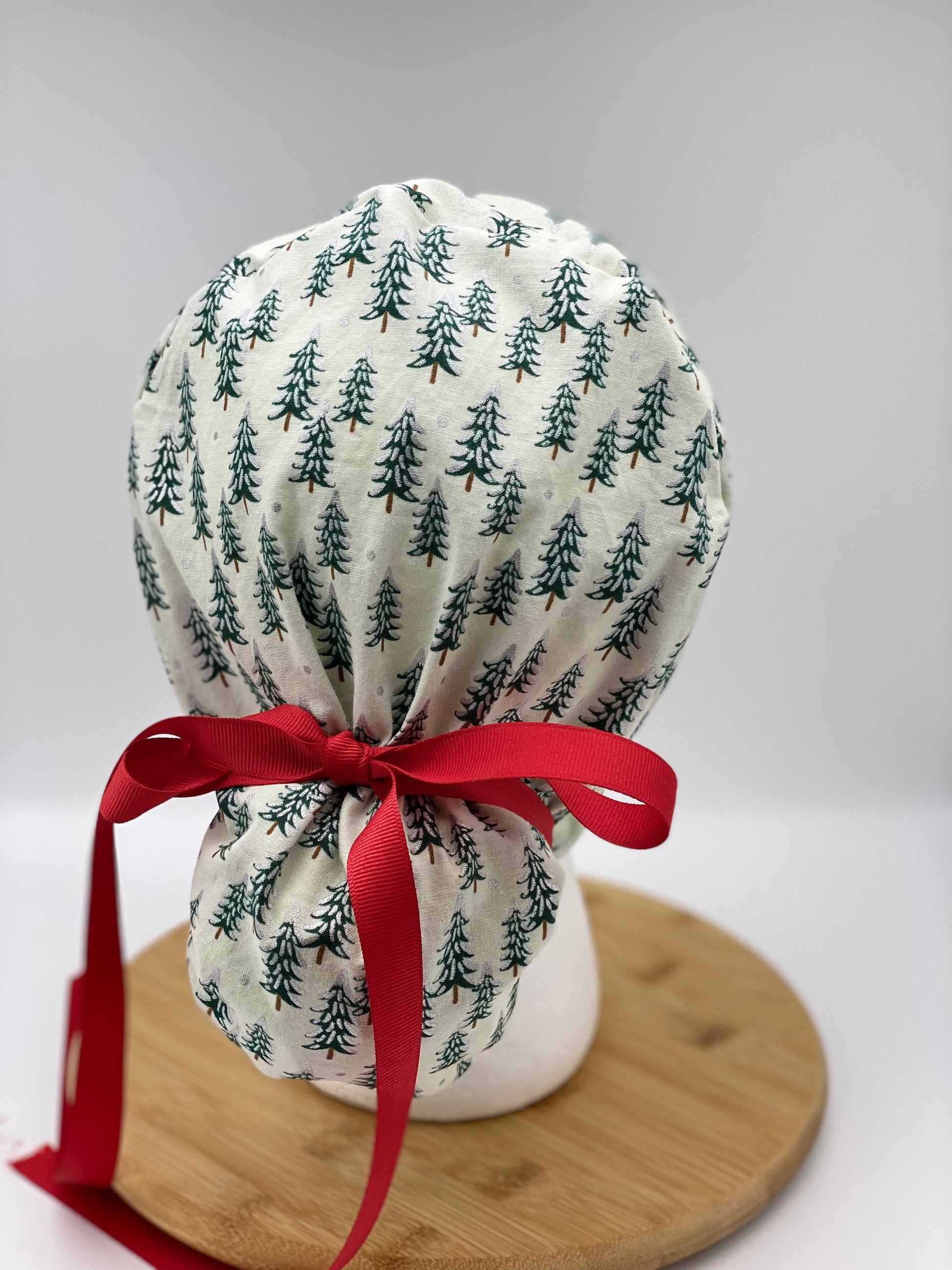 Winter scrub cap, Christmas scrub cap, Rifle Paper Co holiday fabric scrub hat, white Christmas trees scrub cap, Bonnet Head Designs