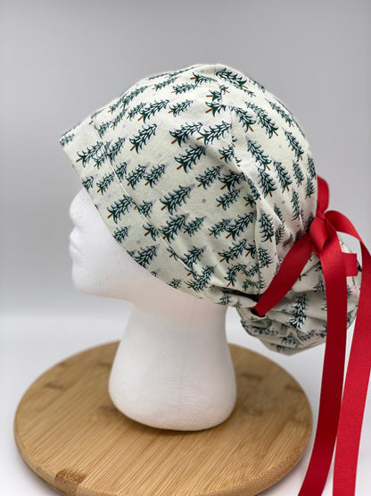 Winter scrub cap, Christmas scrub cap, Rifle Paper Co holiday fabric scrub hat, white Christmas trees scrub cap, Bonnet Head Designs