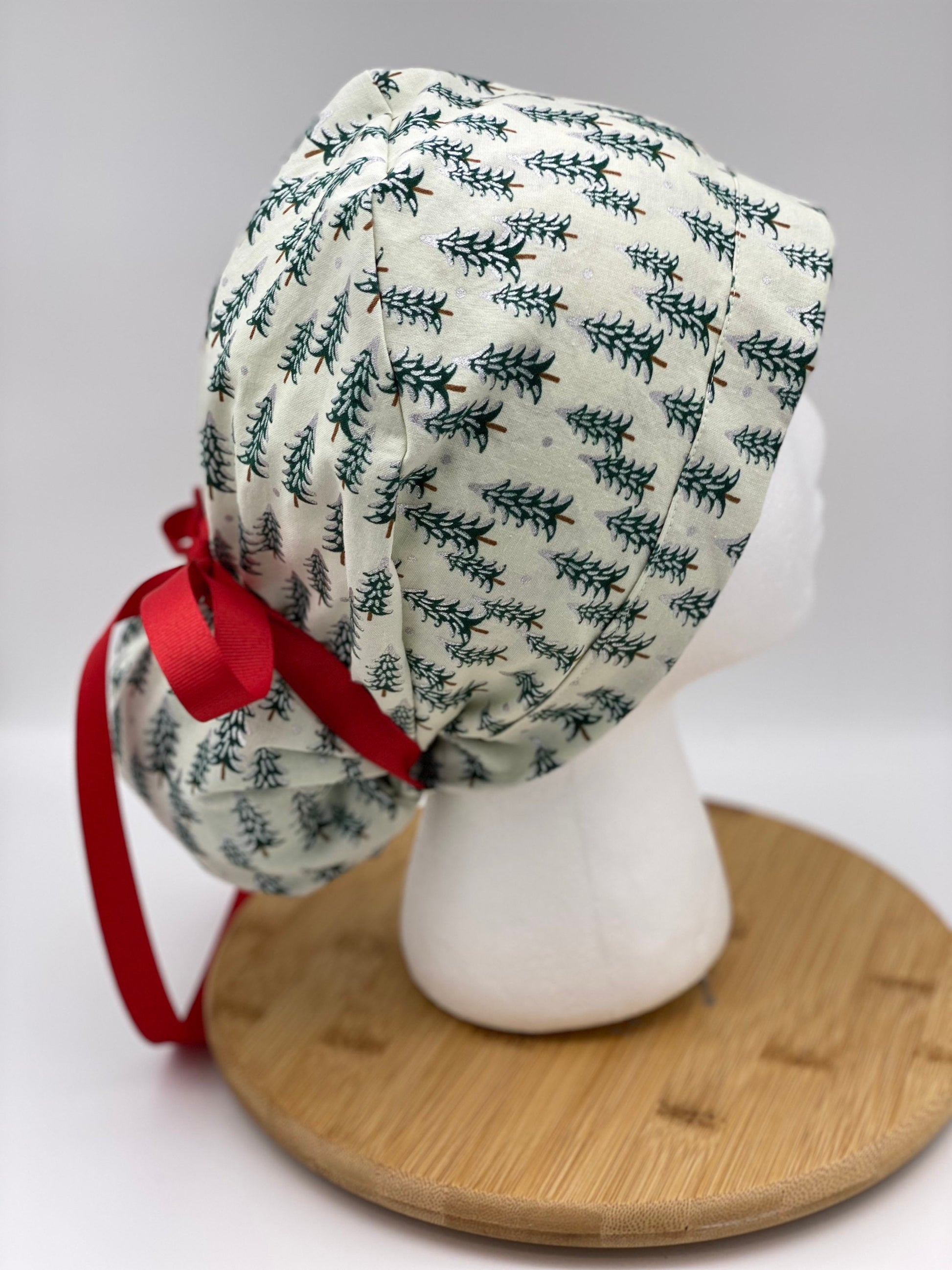 Winter scrub cap, Christmas scrub cap, Rifle Paper Co holiday fabric scrub hat, white Christmas trees scrub cap, Bonnet Head Designs