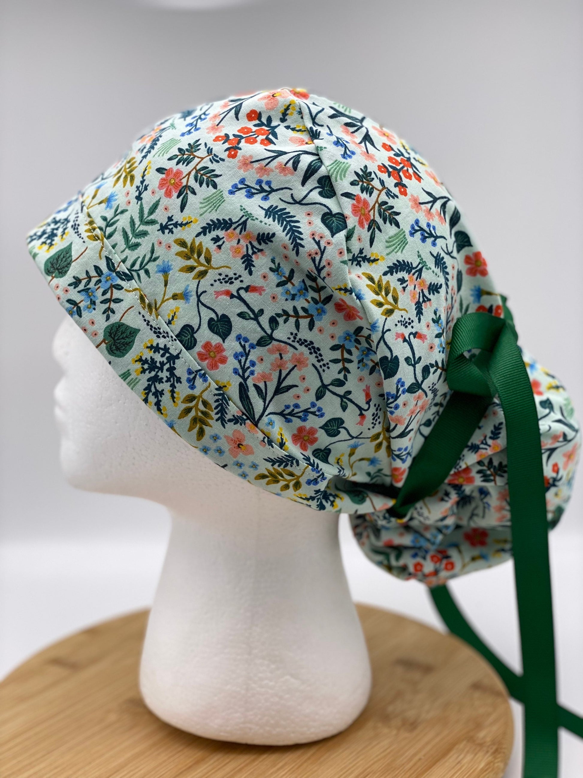 Rifle Paper Co mint metallic fabric scrub cap, mint floral scrub hat, ponytail scrub cap mint green floral, Bonnet Head Designs