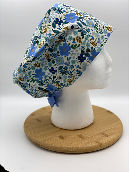 Euro cap with ties, blue wild rose euro scrub cap with ties, scrub hat ties blue floral, Bonnet Head Designs