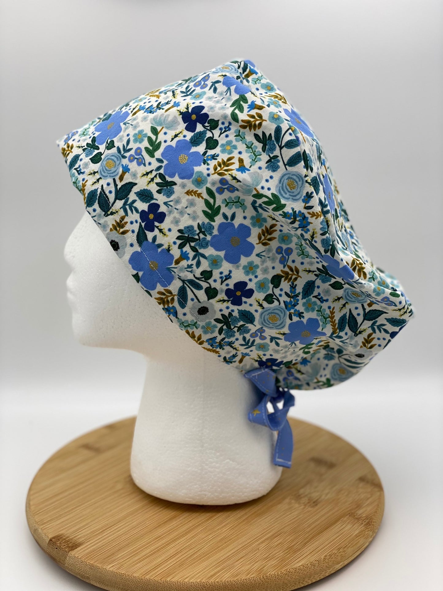 Euro cap with ties, blue wild rose euro scrub cap with ties, scrub hat ties blue floral, Bonnet Head Designs