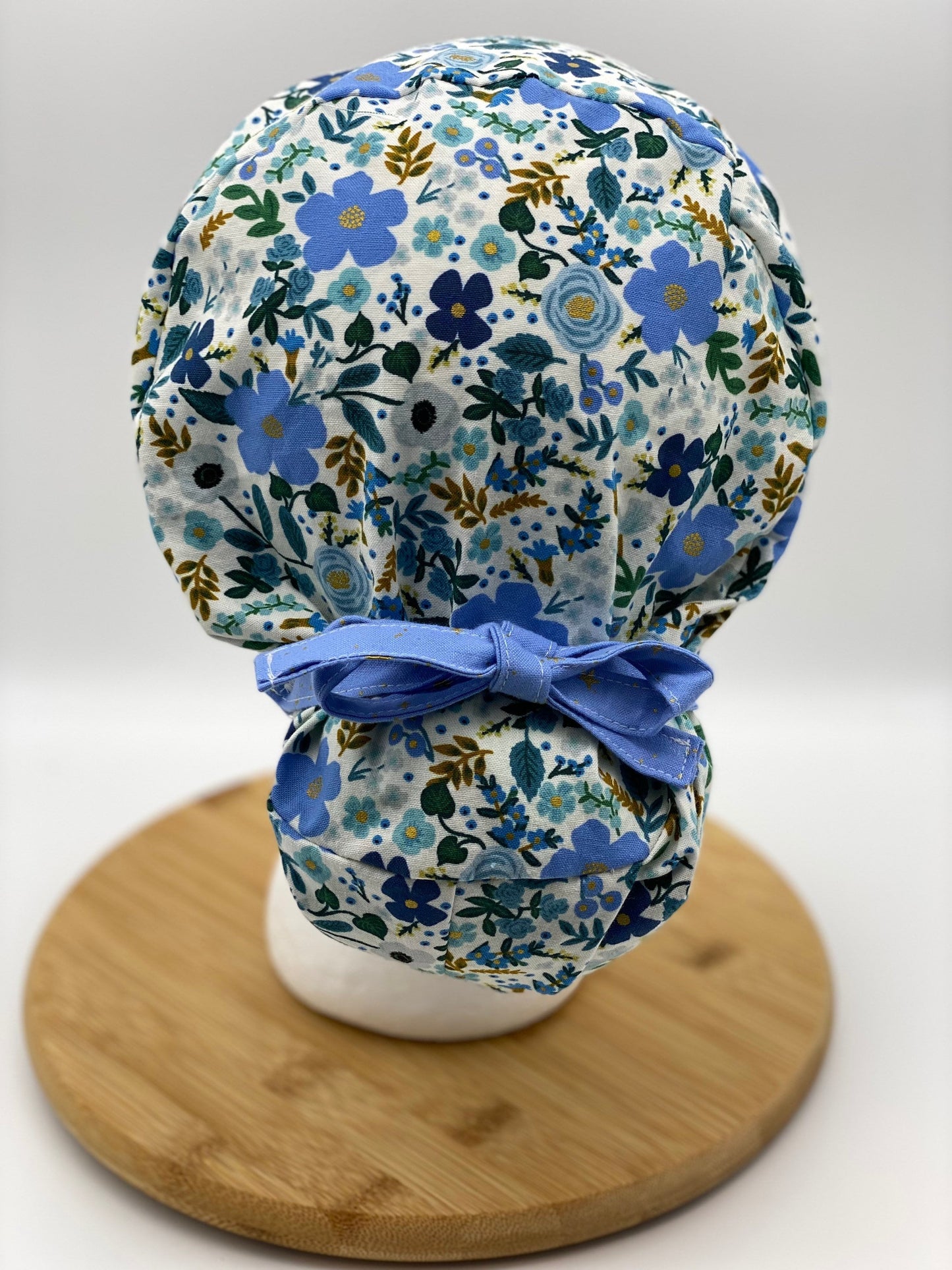 Euro cap with ties, blue wild rose euro scrub cap with ties, scrub hat ties blue floral, Bonnet Head Designs