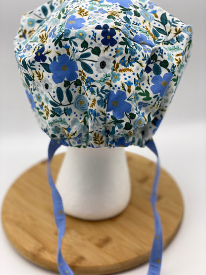 Euro cap with ties, blue wild rose euro scrub cap with ties, scrub hat ties blue floral, Bonnet Head Designs