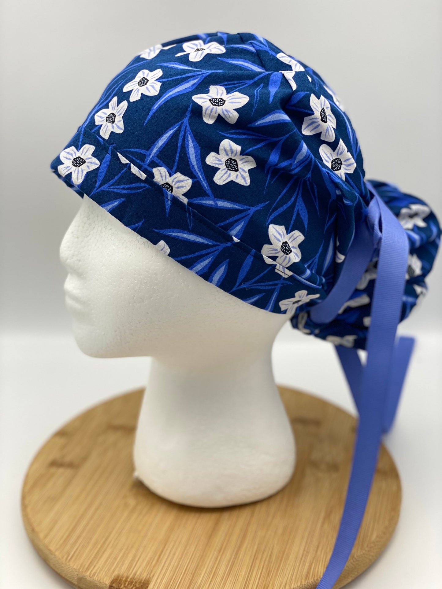 SALE! Blue and white floral scrub cap, blue floral scrub hat, womens scrub cap, Bonnet Head Designs