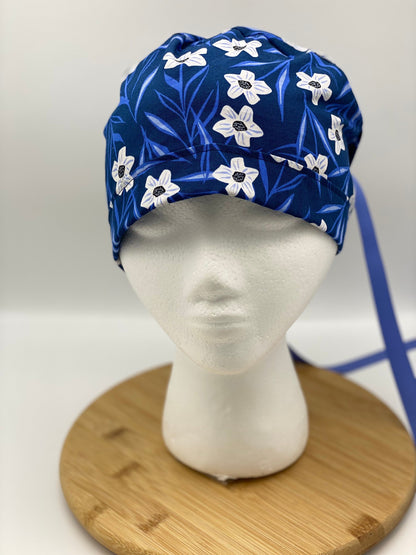 SALE! Blue and white floral scrub cap, blue floral scrub hat, womens scrub cap, Bonnet Head Designs