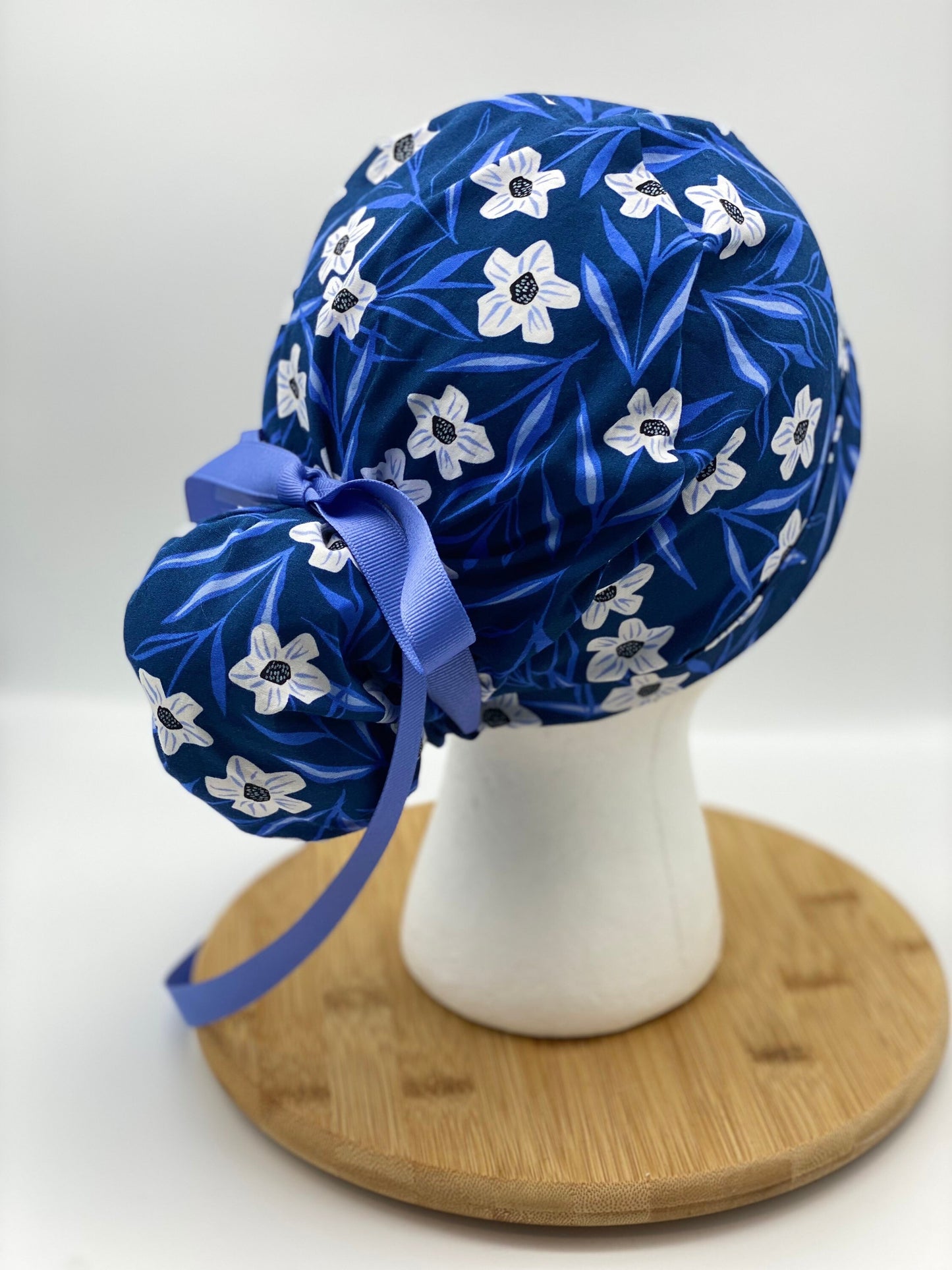 SALE! Blue and white floral scrub cap, blue floral scrub hat, womens scrub cap, Bonnet Head Designs