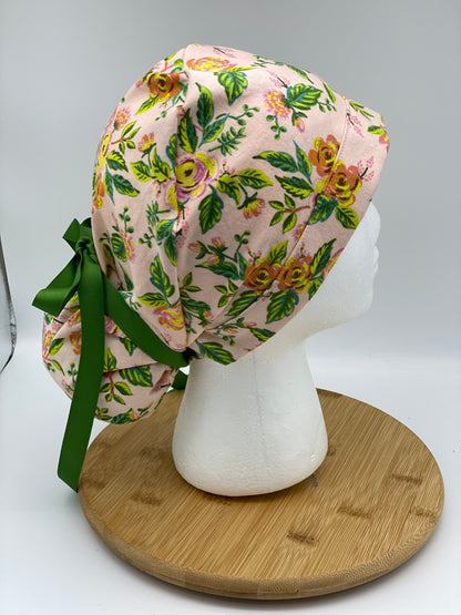 pink jardin fabric scrub cap, pink floral scrub cap ponytail, womens scrub cap pink flowers, Bonnet Head Designs