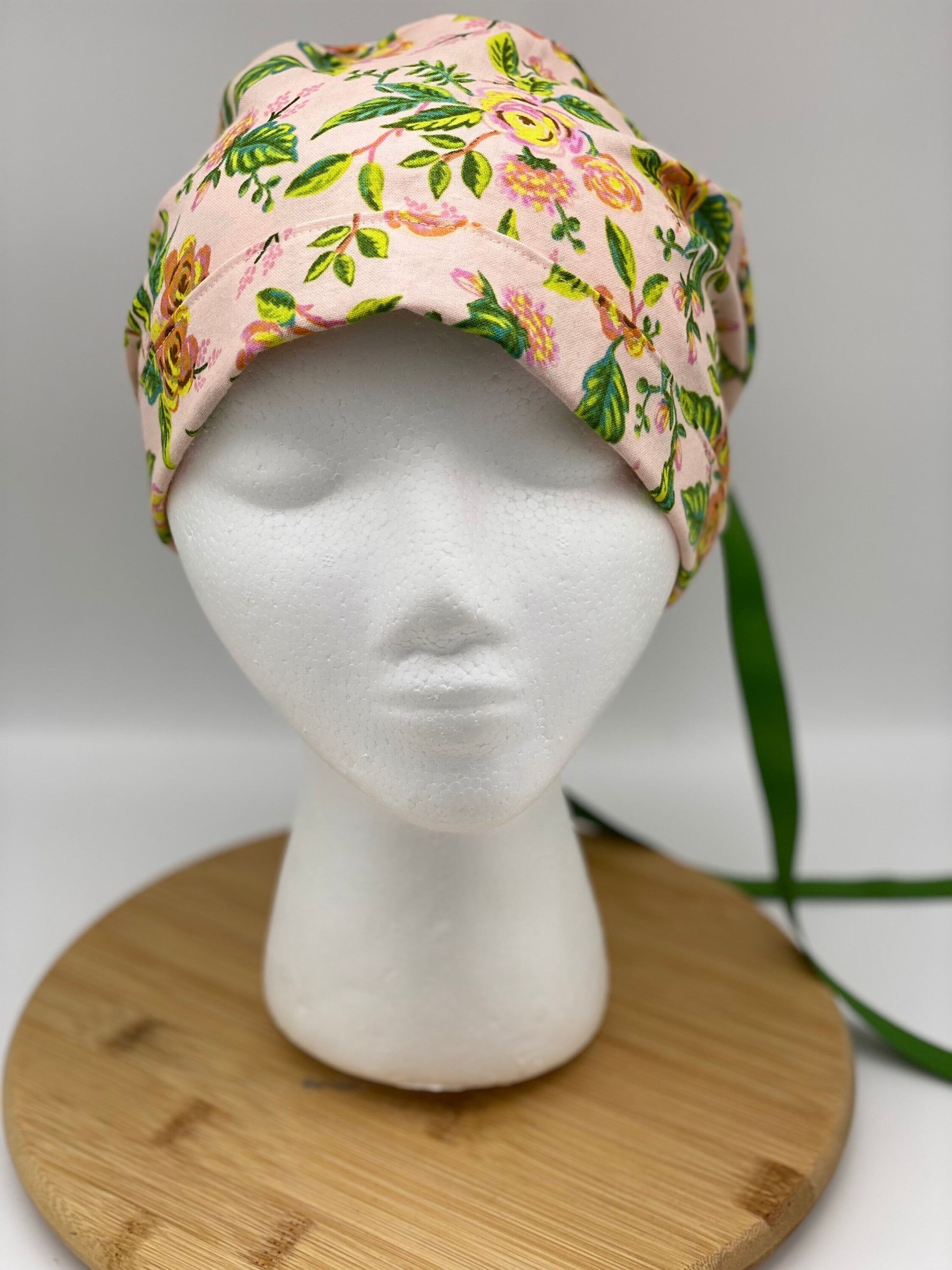 pink jardin fabric scrub cap, pink floral scrub cap ponytail, womens scrub cap pink flowers, Bonnet Head Designs