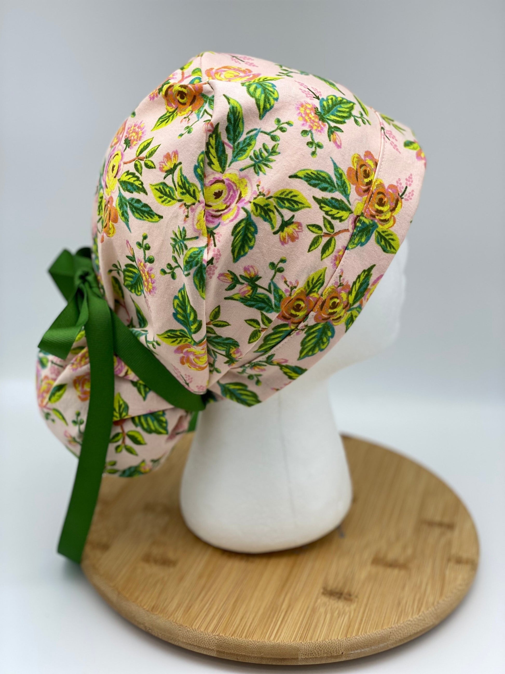 pink jardin fabric scrub cap, pink floral scrub cap ponytail, womens scrub cap pink flowers, Bonnet Head Designs