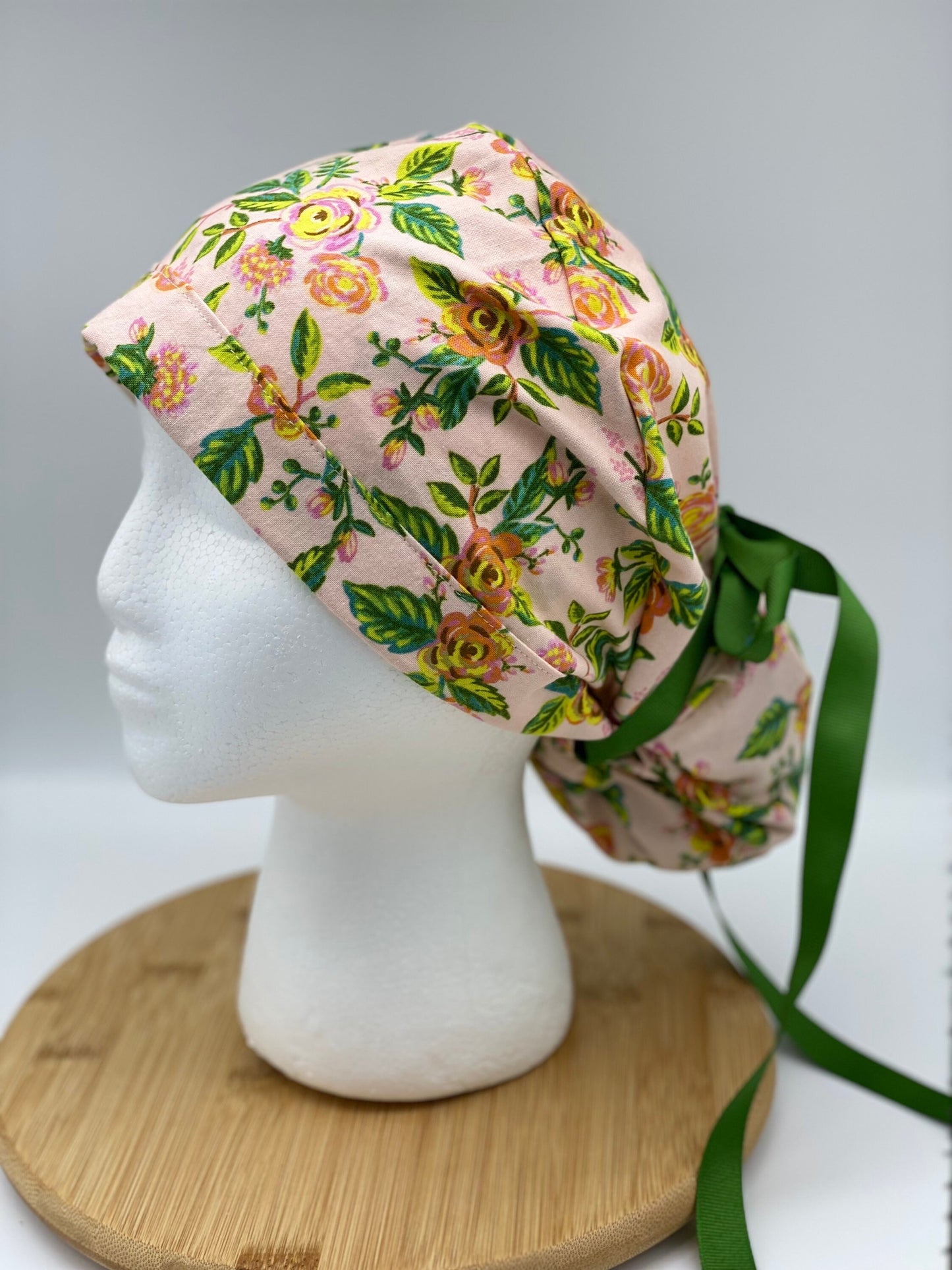 pink jardin fabric scrub cap, pink floral scrub cap ponytail, womens scrub cap pink flowers, Bonnet Head Designs