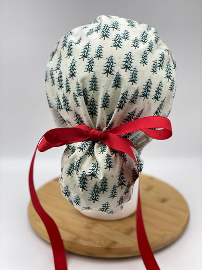 Winter scrub cap, Christmas scrub cap, Rifle Paper Co holiday fabric scrub hat, white Christmas trees scrub cap, Bonnet Head Designs