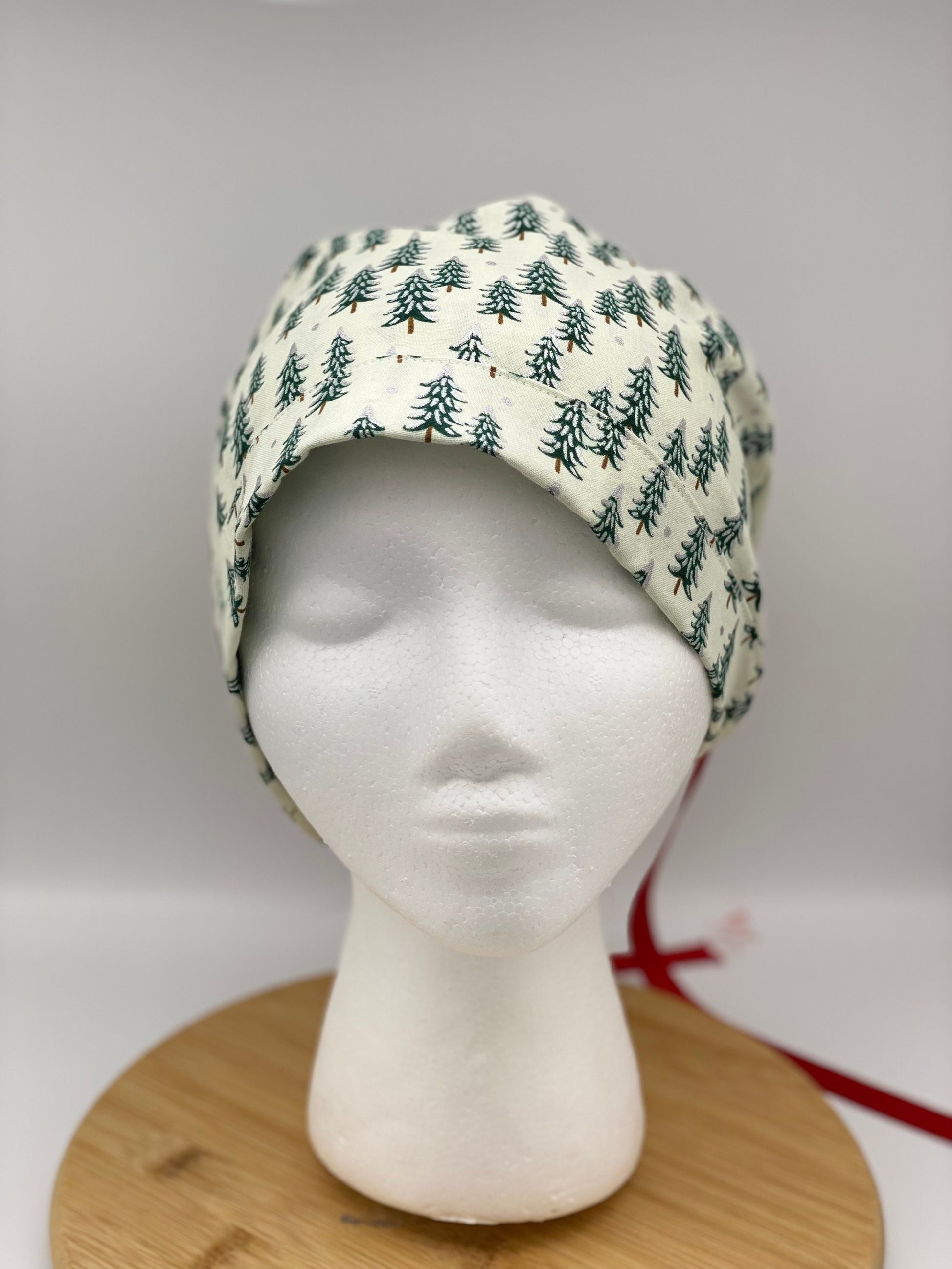 Winter scrub cap, Christmas scrub cap, Rifle Paper Co holiday fabric scrub hat, white Christmas trees scrub cap, Bonnet Head Designs