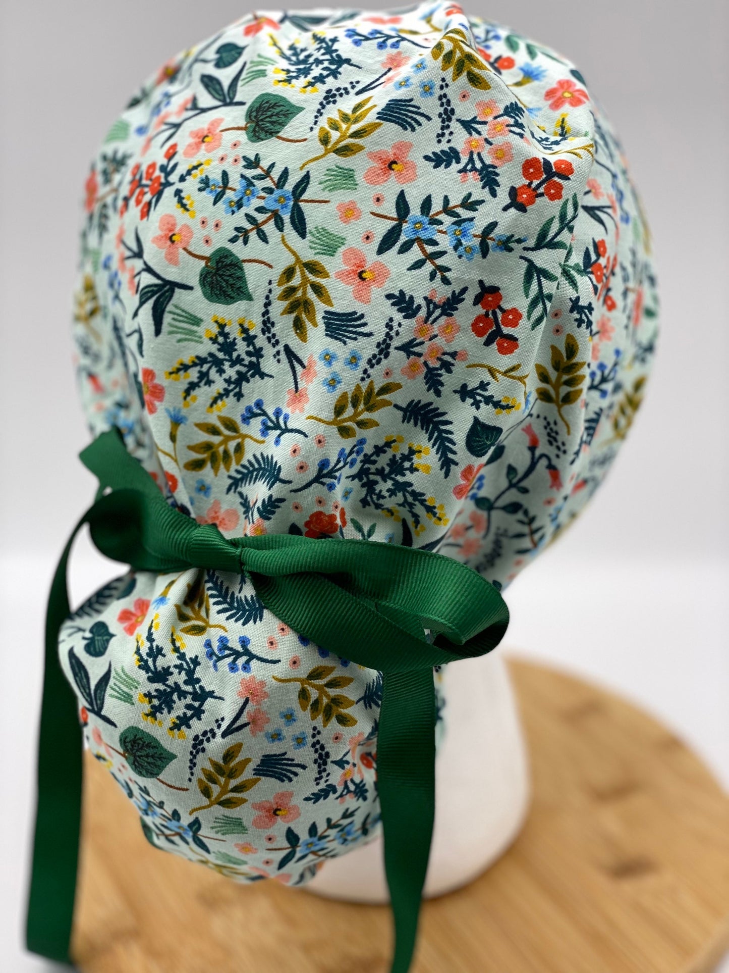 Rifle Paper Co mint metallic fabric scrub cap, mint floral scrub hat, ponytail scrub cap mint green floral, Bonnet Head Designs