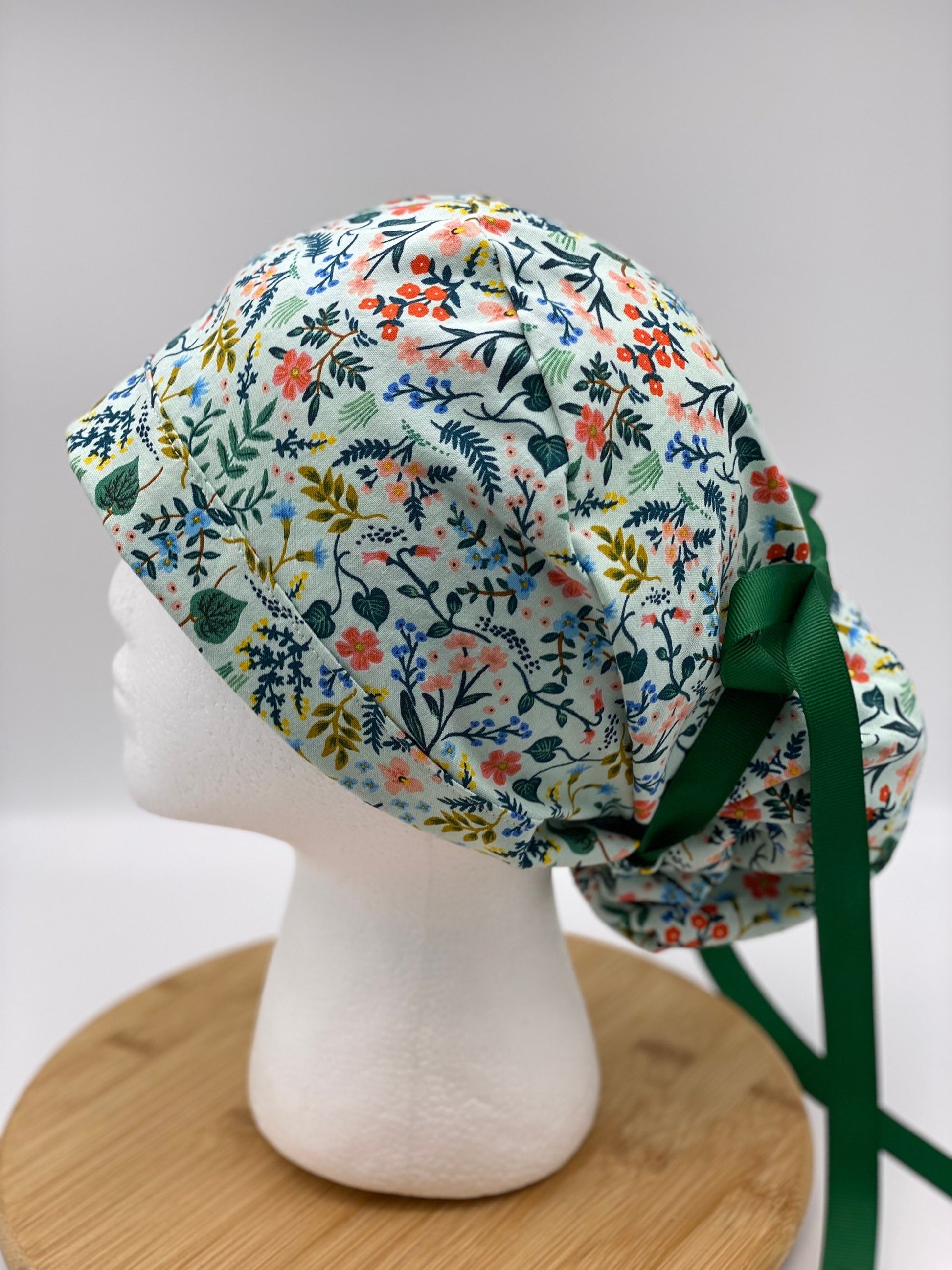 Rifle Paper Co mint metallic fabric scrub cap, mint floral scrub hat, ponytail scrub cap mint green floral, Bonnet Head Designs